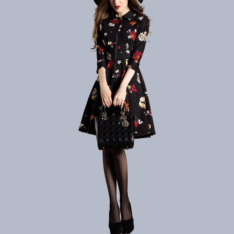 1228．花柄フロントジッパーワンピース（ブラック）
