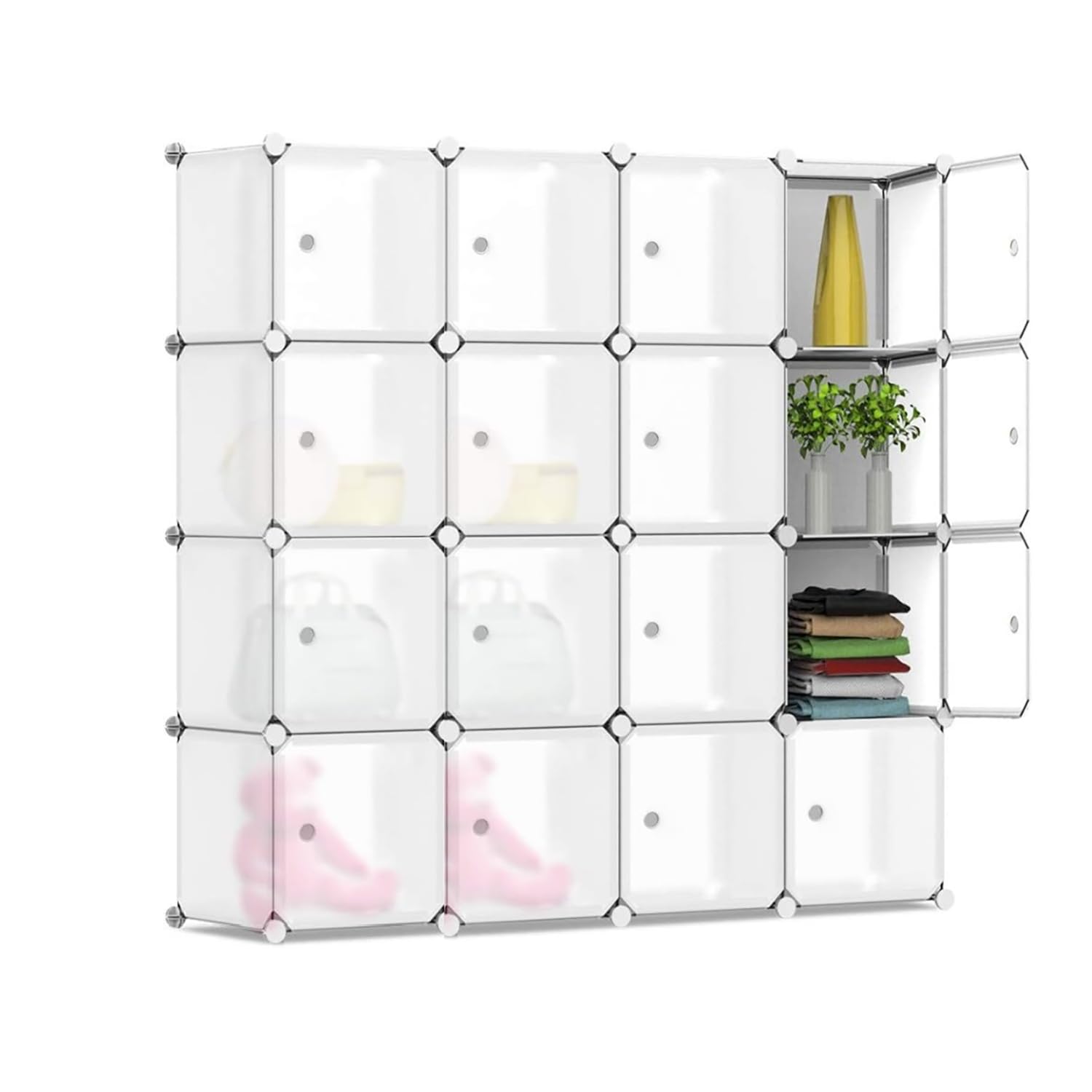 ワードローブ 組み立て式 クローゼット 衣類収納ボックス 大容量16ボックス 半透明ドア付き 防カビ樹脂製 鋼鉄フレーム 耐荷重設計 耐久性 （白 16BOX）