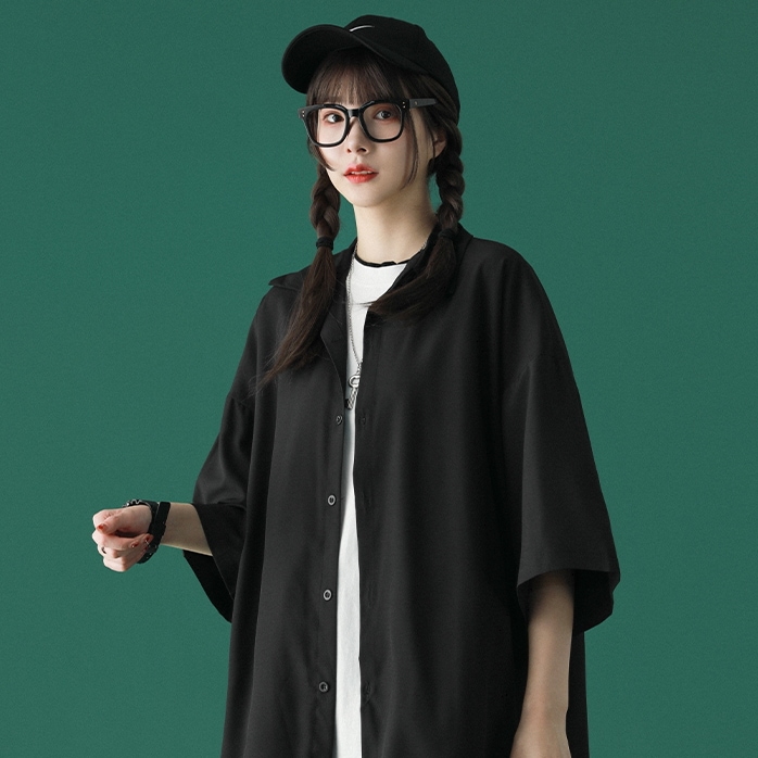 男女兼用 トップス シャツ ビッグT ミディアム丈 袖あり 5分袖 襟付き 前開き 大人可愛い シンプル カジュアル おしゃれ かっこいい アジアン エスニック エキゾチック ラフ メンズライク