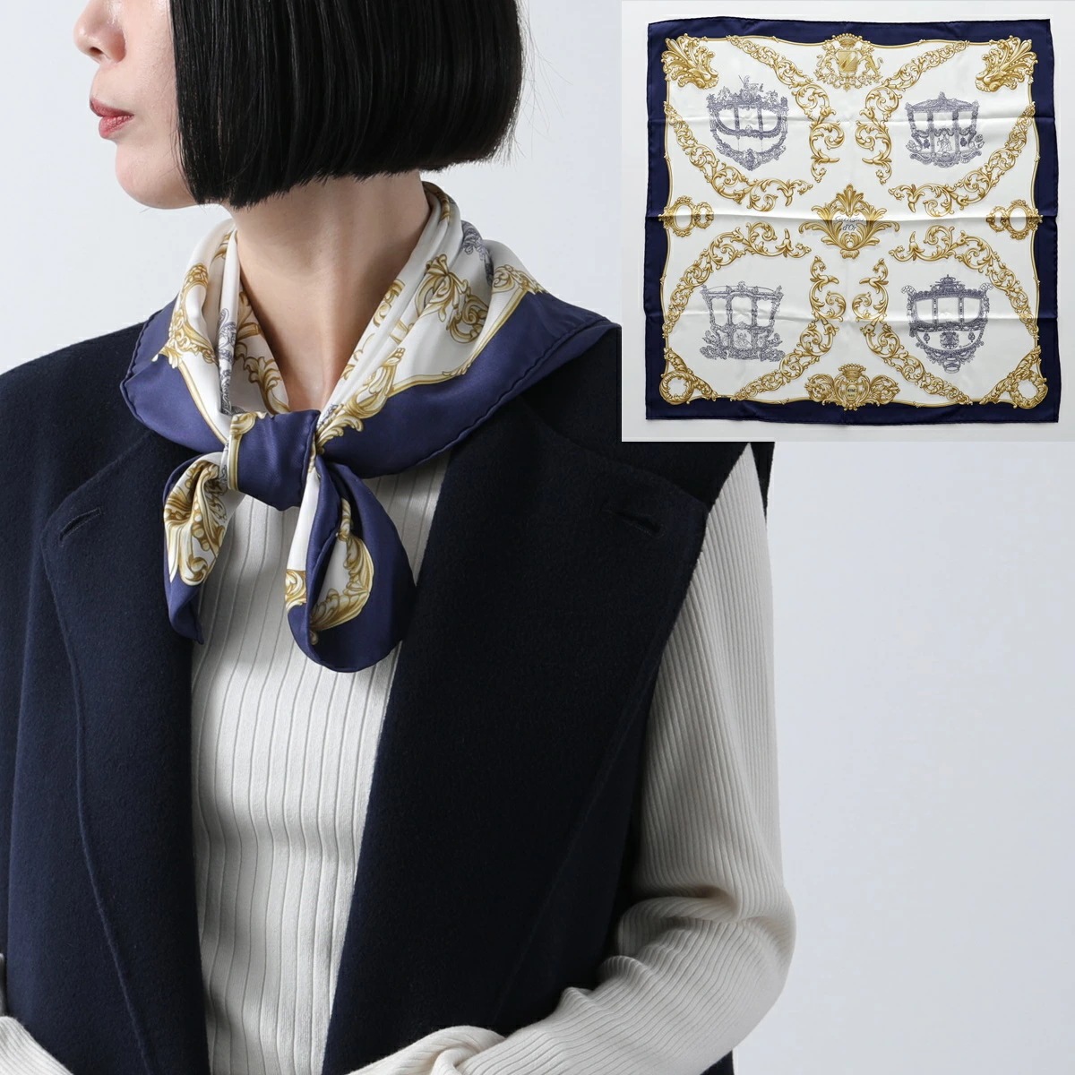 HERMES エルメス スカーフ CARRE カレH 70×70 981754S レディース シルク ストール ロゴ ケース付き 11-RM/MARINE/BLANC/MORDO