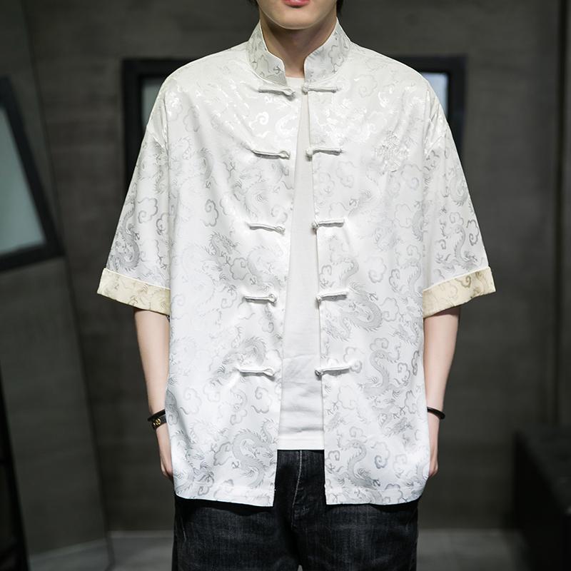 チャイナ シャツ メンズ 中華風 夏 カジュアル レトロ トップス 半袖 5分袖 薄手 漢服 ホワイト ブラック ワインレッド