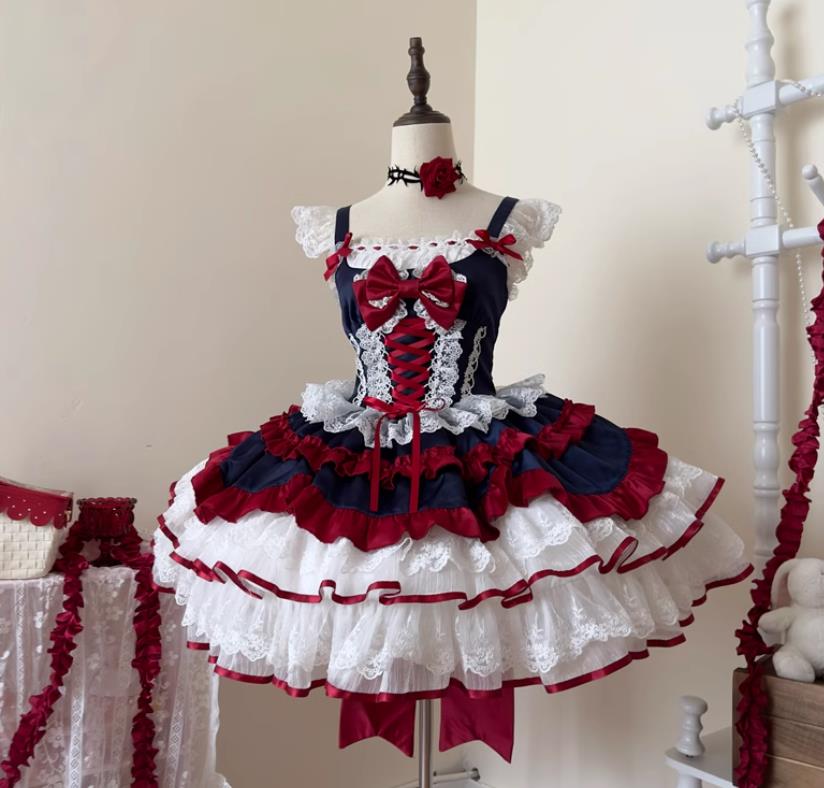 洋装ミニキャミソールスカートロリータスカートゴスロリワンピース ロリィタ OP Lolita ロリータ コスプレ 日常服ゴスロリワンピース人形師 レディースフリルレース ワインカート少女ワンピ jsk