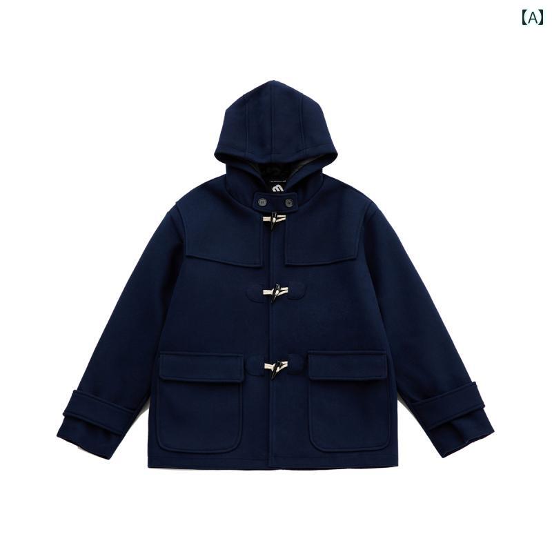 ダッフルコート メンズ アウター トグルボタン フード ウール レトロ 秋冬 丈 厚手 ブルー グレー