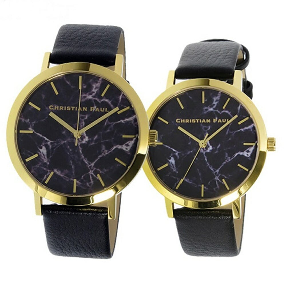 【無料特典付き！】クリスチャンポール 時計 ペアウォッチ 43mm 35mm ブラックマーブル 大理石柄 ブラックレザー 天然皮革 MR-09MRL-04 誕生日プレゼント ポイント消化
