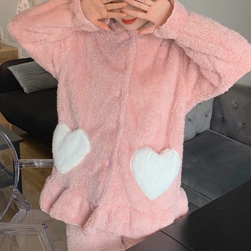 2color パジャマ ルームウェア ナイトウェア 寝巻 うさ耳 ハート ポケット フリル 前開き