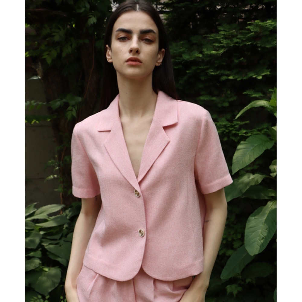 DAMAGE MNEMONICファンシーツイードピンク半袖ジャケット_ Fancy Tweed Pink JK