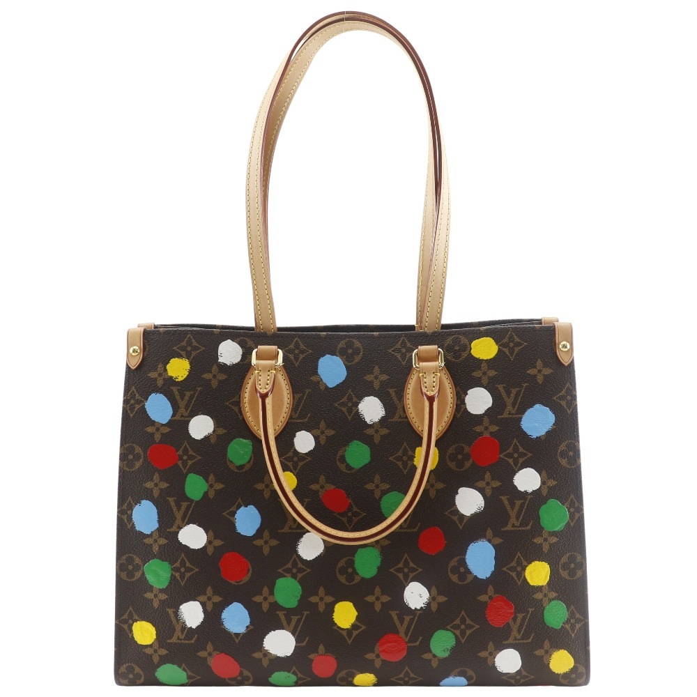 LV×YK オンザゴーMM 草間彌生 ペインティッドドット M46379 トートバッグ モノグラムヴェルニ 茶 レディース 中古品 A+ランク