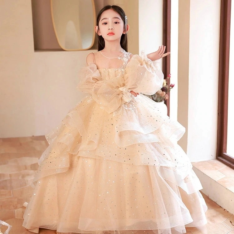 ピアノ発表会ドレス ロングドレス シャンパン色 子供ドレス パフスリーブ 花柄 オシャレ 女児ドレス 演奏会ドレス 肩出し トレーンドレス キッズドレス 長袖 フリル プリンセスドレス フォーマル 演