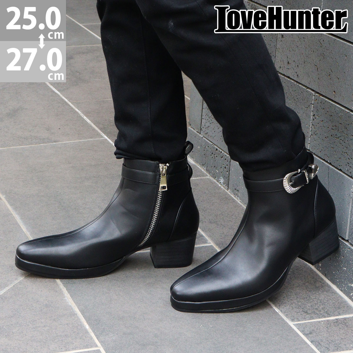 ブーツ メンズ 厚底 黒 ベルト ウエスタン サイドジップ 履きやすい プラットフォーム 太ヒール 安定感 歩きやすい 3E レザー 合成皮革 6.5cmヒール シンプル 6835 7,213円