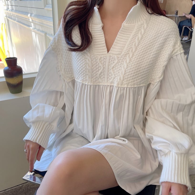 トップス プルオーバー 切り替え 異素材 ニット シャツ スタンドカラー 白 ホワイト 茶