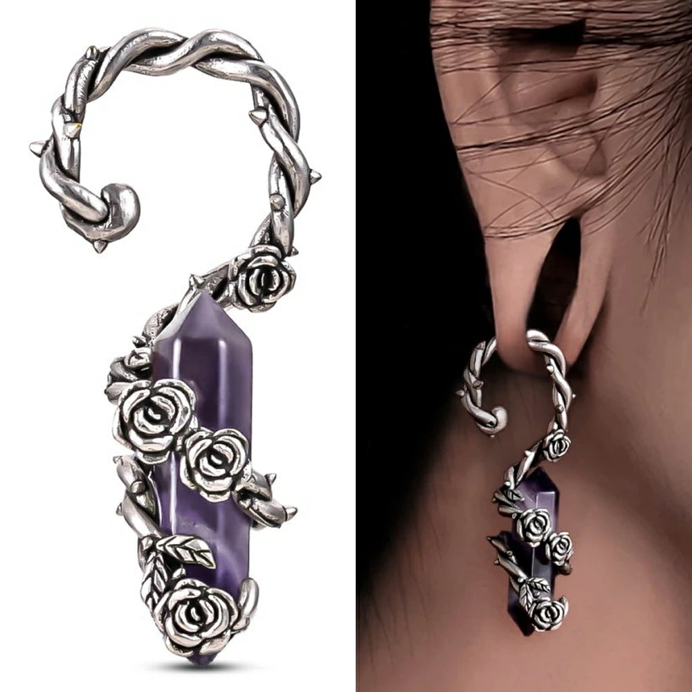 ボディピアス 6G シルバーローズアメジストフック 薔薇 イバラ 花 蔦 天然石 6ゲージ クロウ 3D 立体 かっこいい 男性 女性 プレゼント 耳 イヤーロブ 誕生日 hd915xxxxxxxx