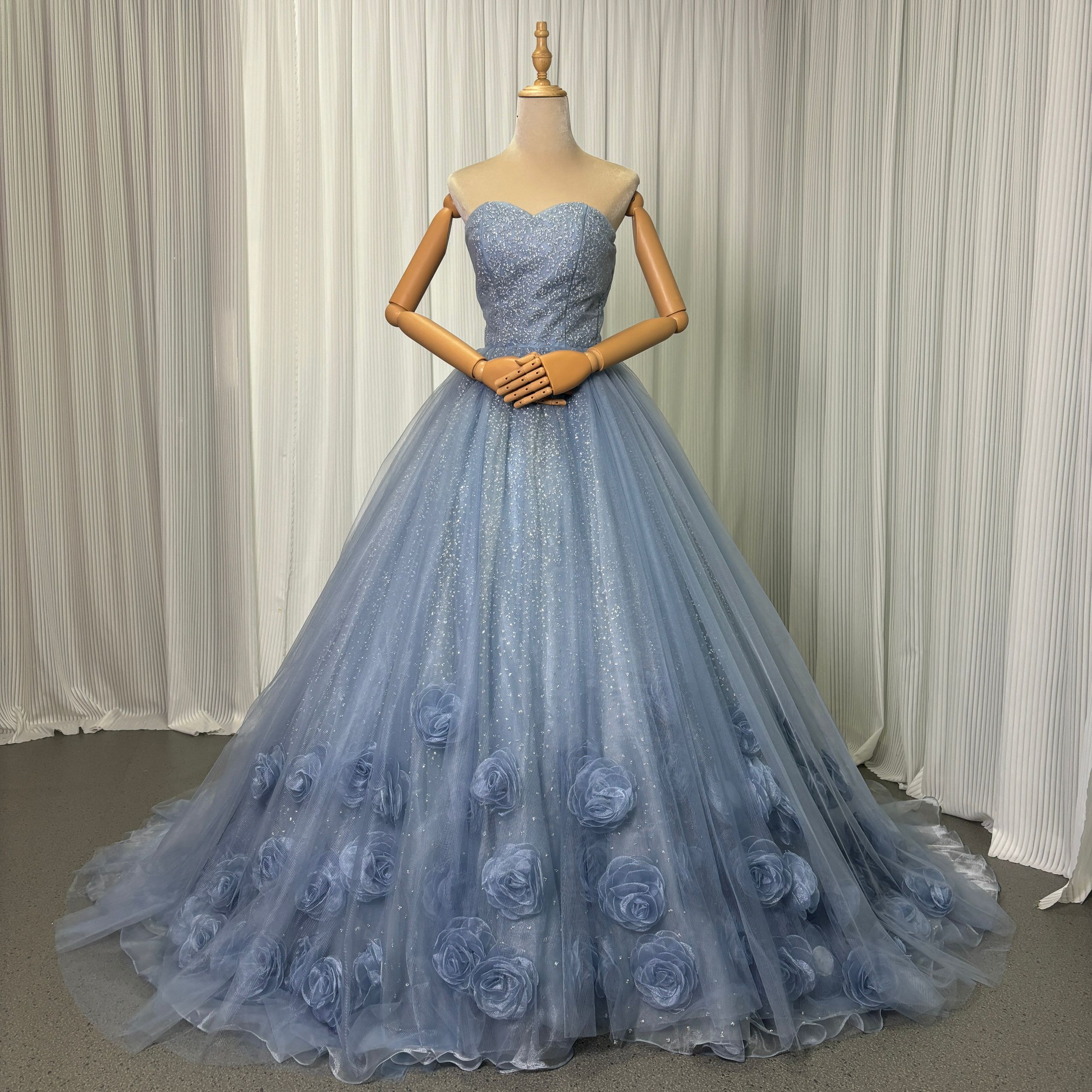 カラードレス ブルー ベアトップ シークインチュール 花モチーフ 編み上げ 花嫁