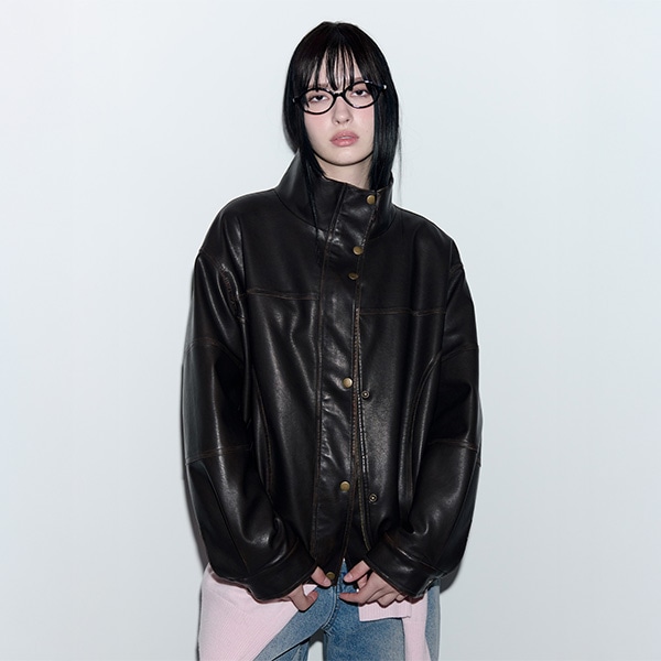 FUR COLLAR LEATHER JUMPER BROWN