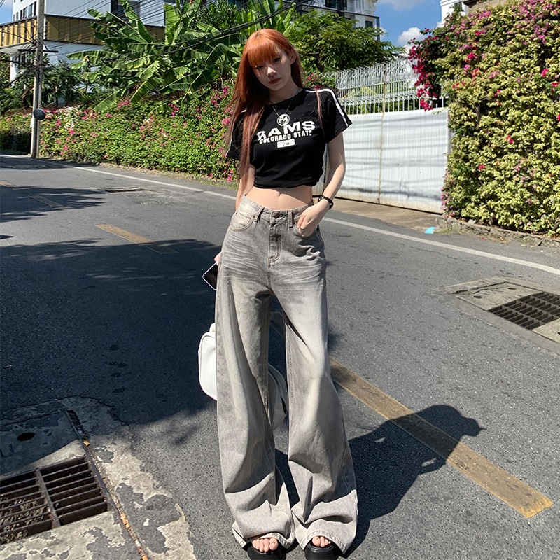 2024アメリカンレトロハイエンドモカグレーワイドレッグパンツ女性用ハイウエストルーズレイジースタイルスリム万能ジーンズ 5,014円