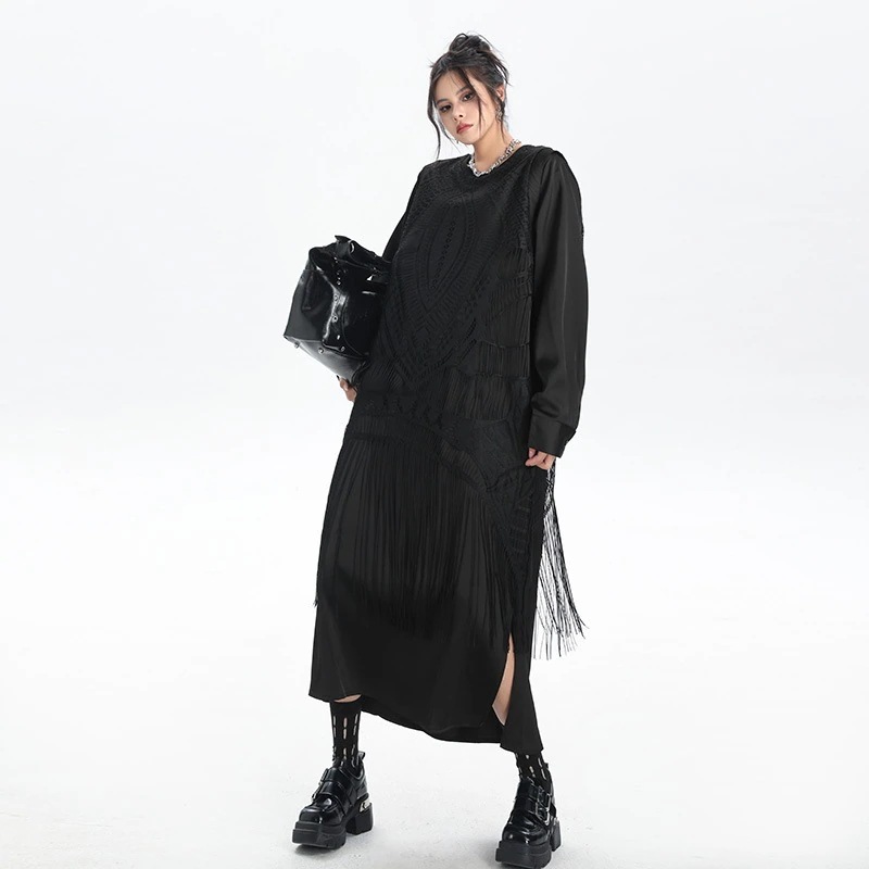 フレンチテイスト レースとフリンジの組み合わせ 偽ツーピースワンピース秋の新作 ゆったりとしたおしゃれなカジュアルロングドレス