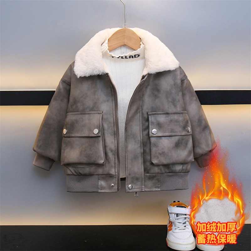 ボーイズレザージャケット 2024 新しいクールハンサムベビー冬ぬいぐるみ服子供ジャケットボーイズ秋と冬の厚みのあるジャケット