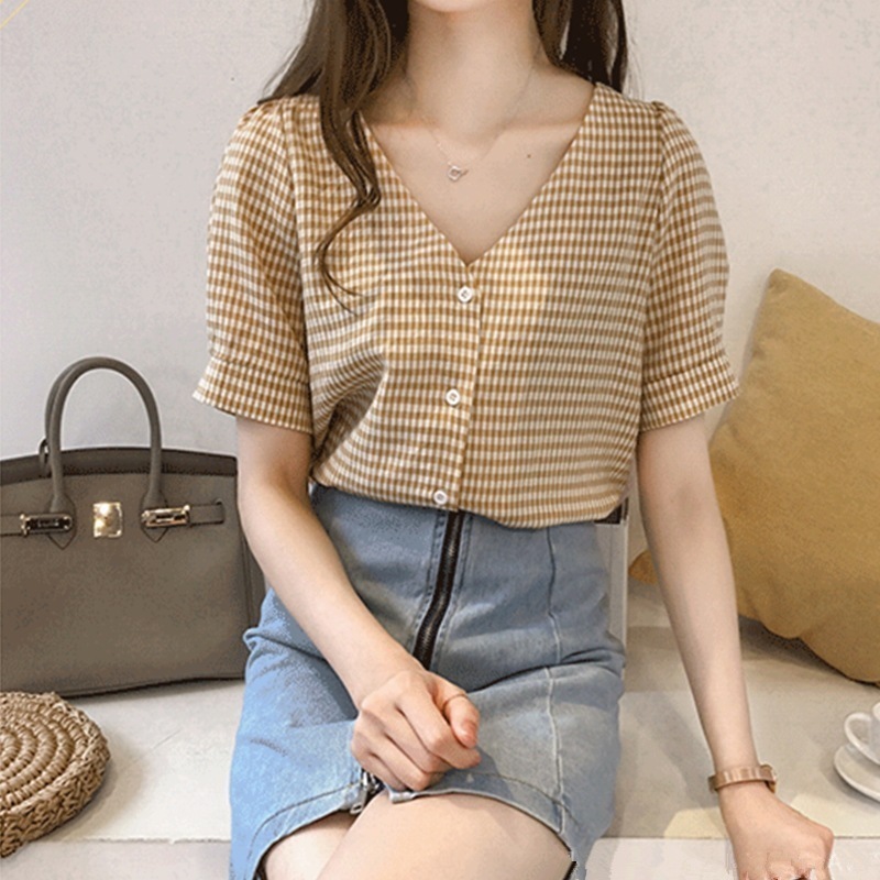 シャツ ブラウス カットソー レディース 半袖 Vネック かわいい 大人可愛い きれいめ シンプル カジュアル チェック 夏 学生 デート リゾート オルチャン イエロー ブルー ブラック トップス