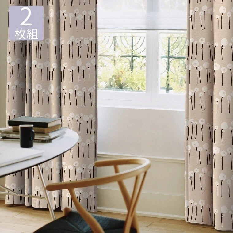 カーテン 遮光 3級 幅100x丈200cm (2枚組）植物柄 掃出窓 100x200 日本製 おしゃれ 丸洗い 洗える 形状記憶加工 既製 リビング 引っ越し 国産 グレー ベージュ グレージュ