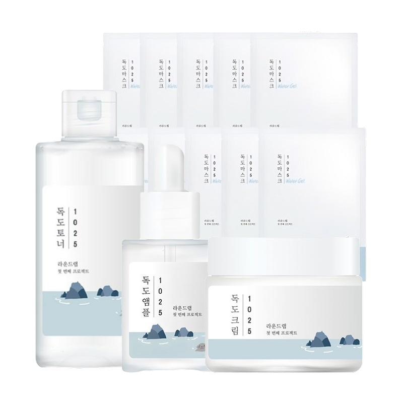 1025 独島 人気 4点 スキンケアセット (水分ゲルマスクパック 10枚+トナー200ml+アンプル45g+水分クリーム80ml), 1セット/ 敏感肌 保湿 鎮静 化粧水 美容液 クリームセット