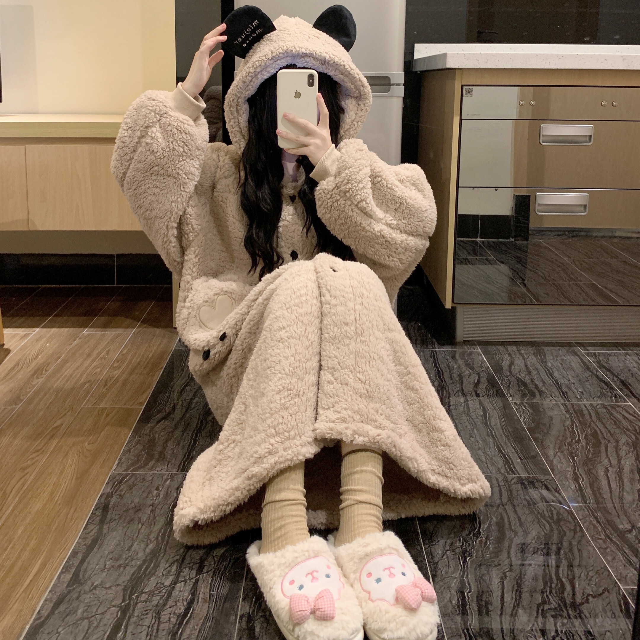 バスローブ風 熊 ブラウン もこもこルームウエア パジャマ 長袖 スリム 細身 ストレート スマート