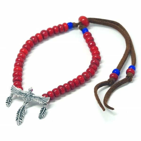 インディアンジュエリー ブレスレット 天然石 ルビー クリアジルコニア イーグル 鷲 フェザー 羽 レッド ネイビーブルー グラスビーズ メンズ シルバー925