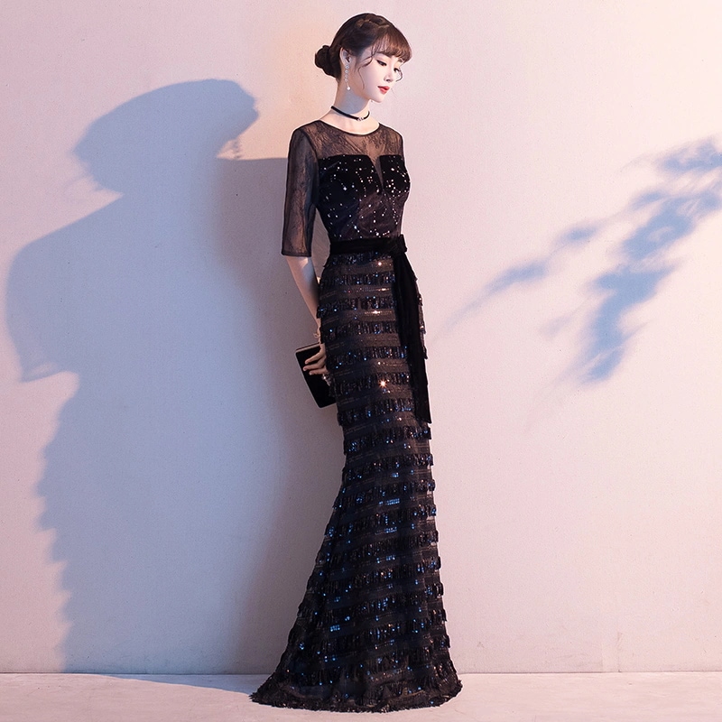 袖あり マーメイドドレス タイトワンピース ウエディングドレス ナイトドレス パーディードレス ピアノミモレドレス ハイエンド 結婚式 二次会 舞台用 披露宴 演奏会-664