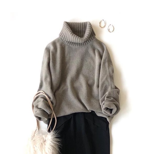 【秋冬定番】 ハイネック無地セーター＋レギュラーウエストスカートセット