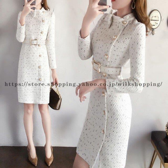 秋の新作タイトワンピース 膝丈 韓国 長袖 ツイード 風 ワンピース レディース きれいめ 大きいサイズ 3L リボン ベルト付き ウエストマーク 4,337円