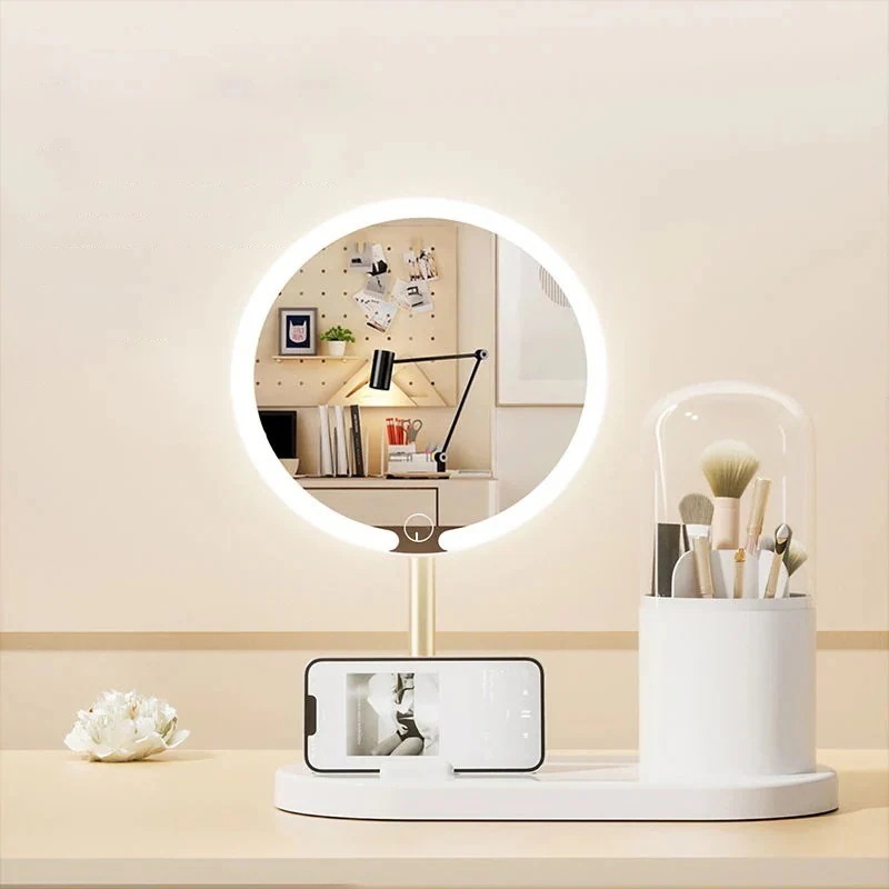 鏡　化粧鏡　メイクミラー　化粧ミラー　女優ミラー　LED化粧鏡　化粧ブラシ入れ付き　携帯スタンド付き　選べる２色　卓上メイク用品収納　ミラー