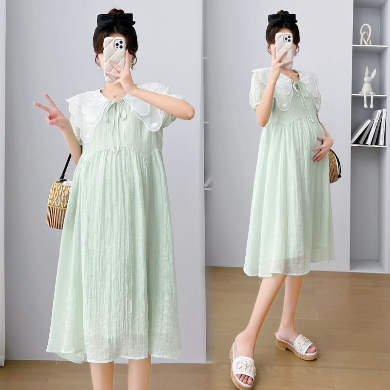 2024 マタニティウェア夏新作ファッション気質ミドル丈マタニティスカート甘いゆったりマタニティ半袖ドレス