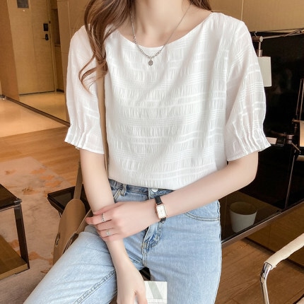 半袖ブラウス トップス ブラウス 袖あり 半袖 パフスリーブ ラウンドネック かわいい 大人可愛い きれいめ シンプル カジュアル 大人 上品 おしゃれ お洒落 大人可愛い 大人女子 こなれ感