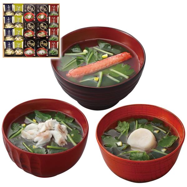 美味心 極 お吸い物＆みそ汁ギフト（味噌汁(油あげ・ほうれん草・長ねぎ各4袋)・お吸い物(真鯛・帆立・楚蟹各2袋) / 常温 味噌汁 セット