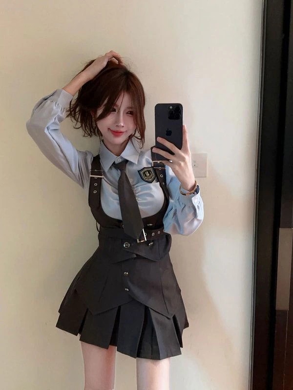 涼しく楽ちんセットアップ アメリカ アカデミック セット 秋 jk制服 アッシュブルー シャツ ベスト プリーツスカート セット 韓国ファッション