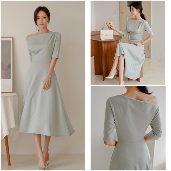 【取寄：納期2週間】半袖ロングワンピース 大きいサイズ XL 半袖 Aラインスカート ワンショルダー きれいめ フォーマル アシンメトリー エレガント お呼ばれ 無地 上品 フレアスカート