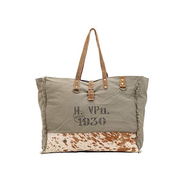 Myra Bag Viridescent Upcycled Canvas & Cowhide Weekender Bag S-1444 並行輸入品