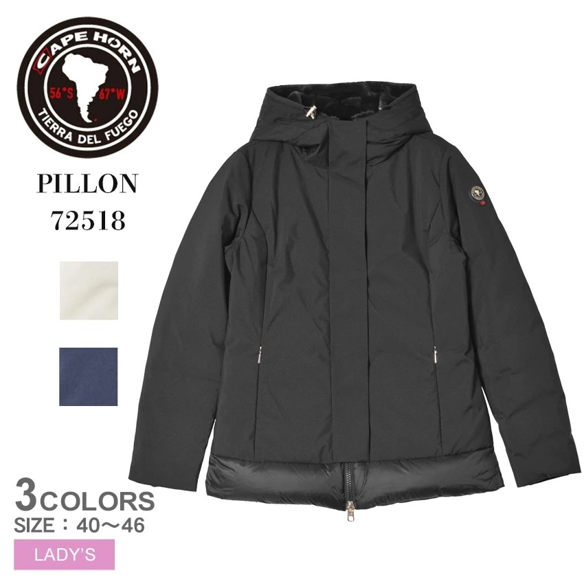 PILLON 72518 レディース アウター ダウン ジャケット 上着 防寒 耐水 防風 フード ロゴ ブランド 長袖 カジュアル シンプル ジップアップ エレガント キレカジ ファー