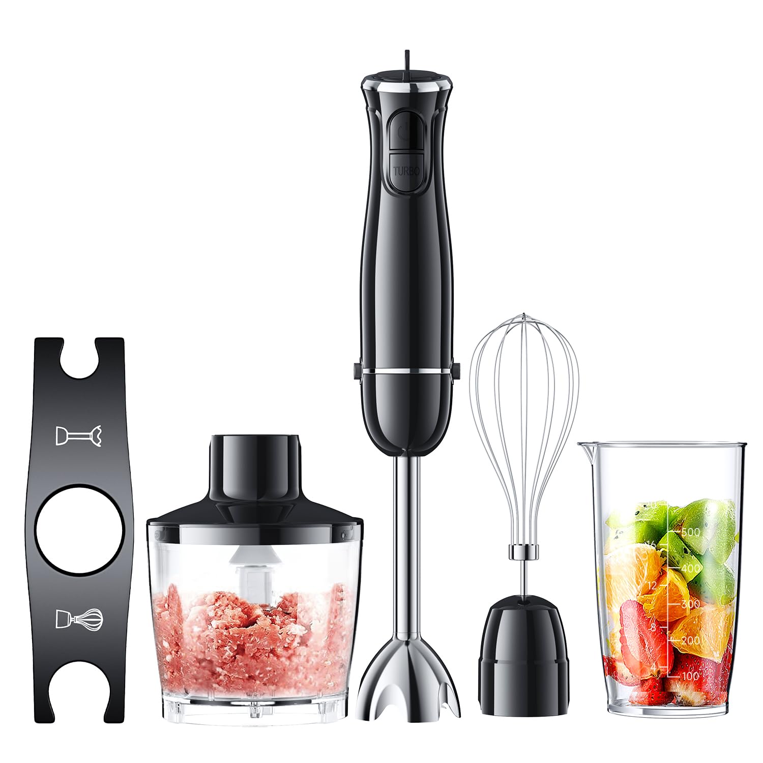 Turelar ハンドブレンダー マルチスティックブレンダー 離乳食 氷も砕ける フードプロセッサー 泡立て器 電動 スリム コンパクト フードミキサー ハンディミキサー アタッチメント 5役 ブラッ