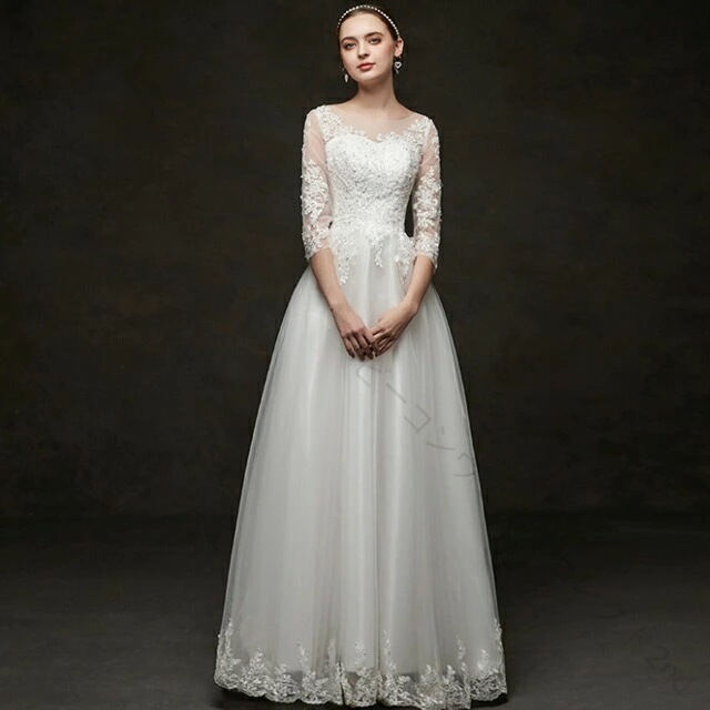 【迅速出荷】ウエディングドレス 結婚式 ブライダルドレス 花嫁ドレス 袖あり 7分袖 Aライン ロング丈 ロングドレス レース チュール シンプル 白 ホワイト 優雅 エレガント 編み上げ 二次会ドレ