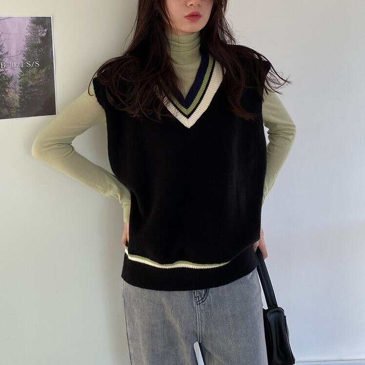 チルデンニットベスト トップス ニット ベスト 秋冬 春 かわいい きれいめ カジュアル オーバーサイズ ゆったり 袖なし ノースリーブ Vネック BIGシルエット ストレート 伸縮性 黒 ブラック