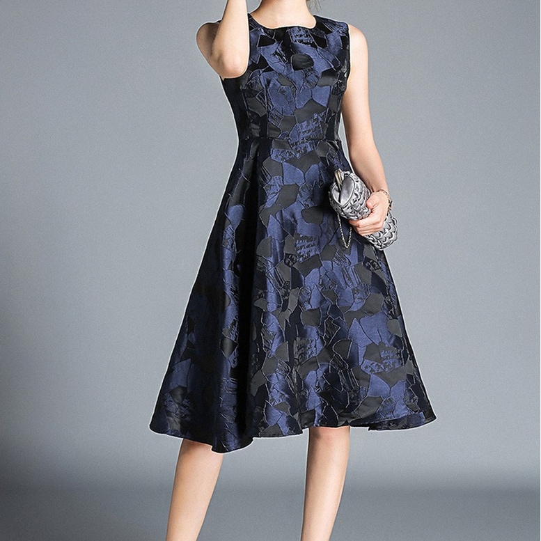 ワンピース ドレス レディース 花柄光沢ワンピース ノースリーブ お呼ばれドレス ラウンドネック