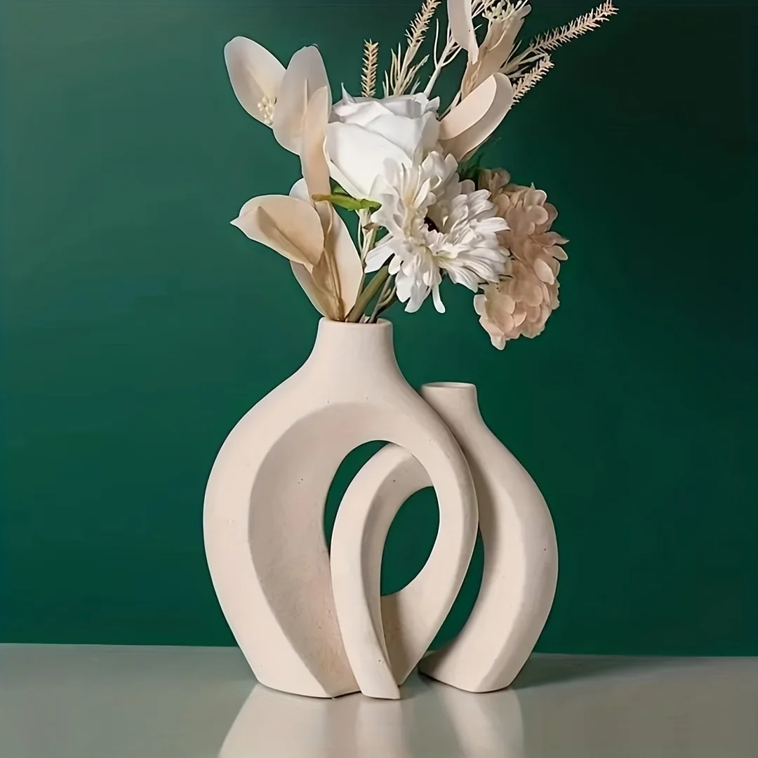 モダンな家の装飾のための白いセラミック花瓶自由奔放に生きるドーナツの花瓶北欧のミニマリストの装飾2個セット