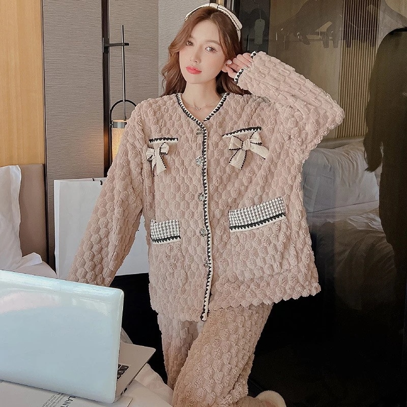 冬ニュースタイル 人気 厚手 コーラルフリース パジャマ セット レトロルームウェア 保温 快適