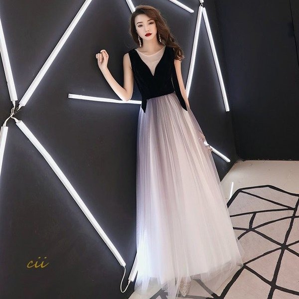 ノースリーブ ロングドレス ドッキング ベルベット レディース イブニングドレス ベロア パーティードレス キレイめ チュール 宴会