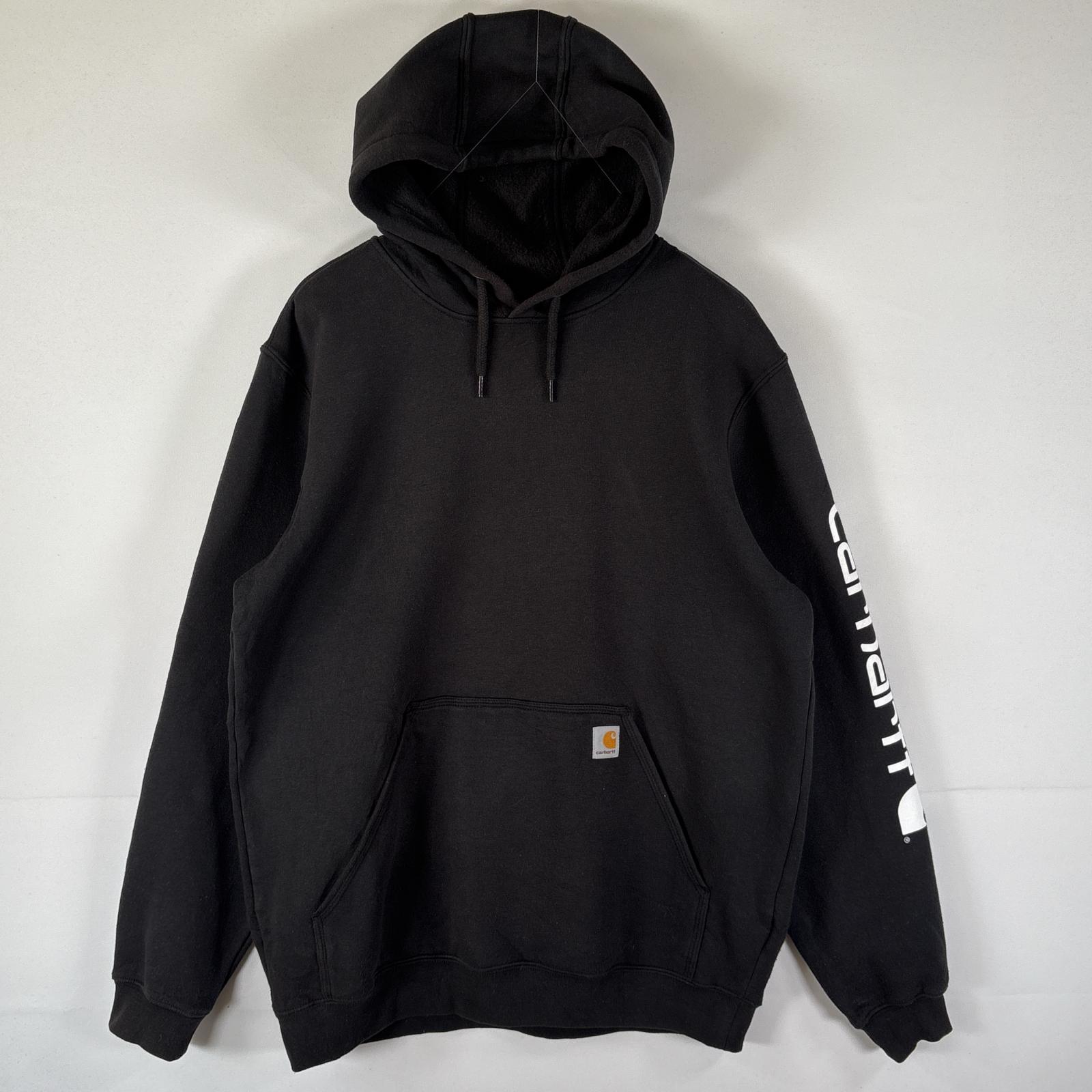 古着 パーカー スウェット プルオーバー 袖ロゴプリント フーディ ワンポイント L ブラック メンズ