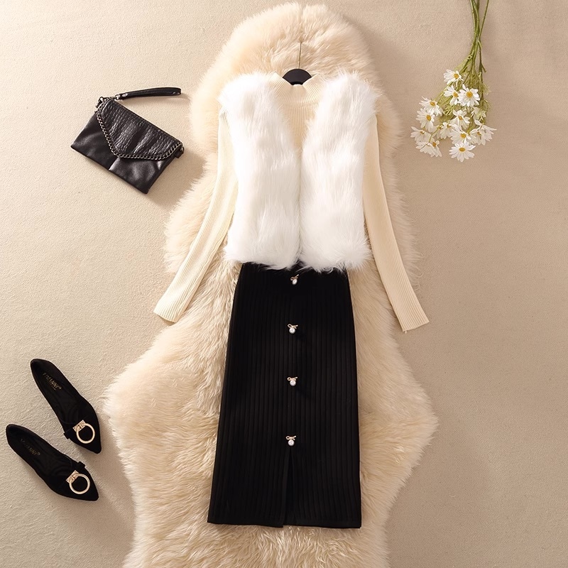 トップス スカート アウター セットアップ ベスト ミモレ ミモレ丈 Vネック 襟付き スリム タイト もこもこ モコモコ ふわふわ 3点セット 上下セット 大人可愛い きれいめ シンプル カジュアル