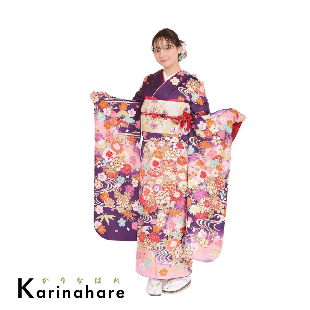 結婚式結納レンタル濃い紫の地ピンクのぼかしが入り牡丹や菊梅紅葉橘鉄線と白い波文が描かれた振袖セットF633-108