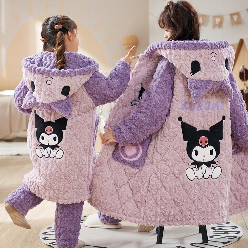 親子パジャマ 母と娘 冬 コーラルベルベット 厚手三層キルト 女の子 クロミ 子供パジャマセット
