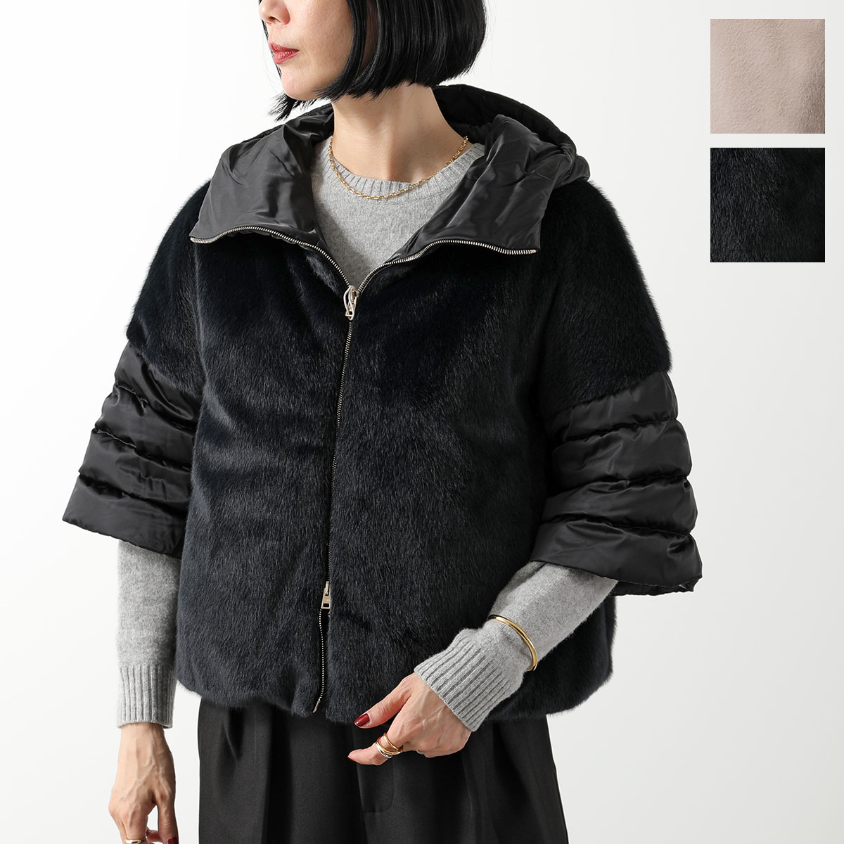 HERNO ヘルノ ダウンジャケット PI002132D 12170Z レディース フェイクファー 5分袖 フード付き カラー2色