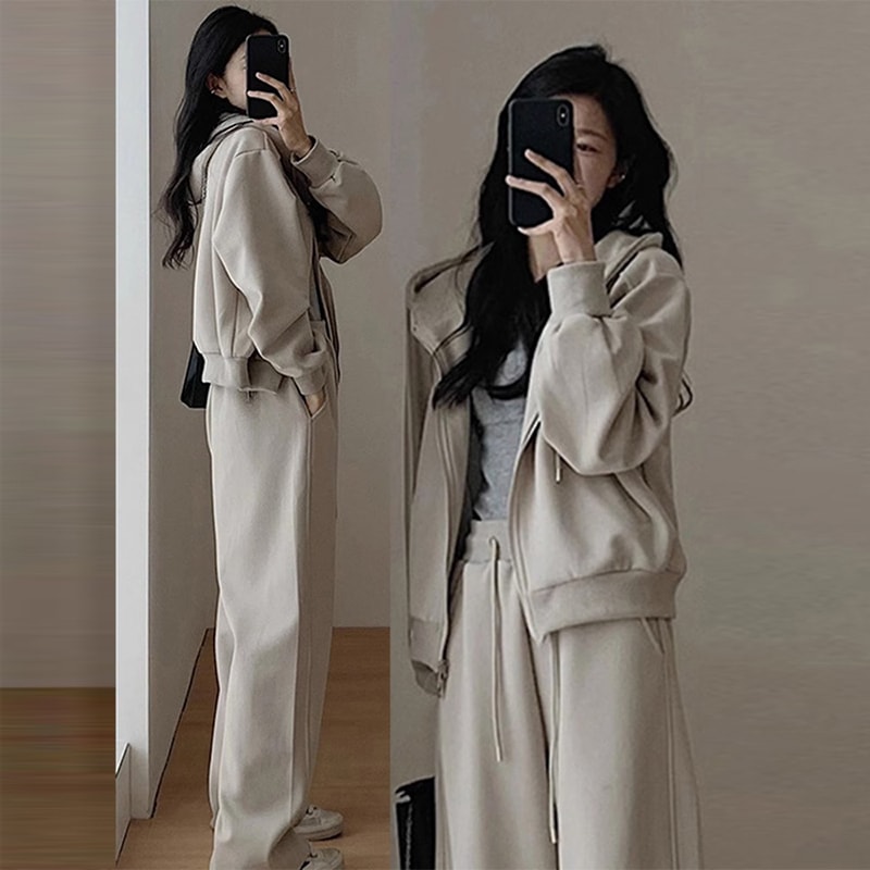 セットアップ レディース パーカー パンツ ウエストゴム 無地 ロング 長袖 ルーズ 前開き ジッパー フード付き 大人可愛い きれいめ シンプル 上品 お洒落 かっこいい レトロ こなれ感 ゆる