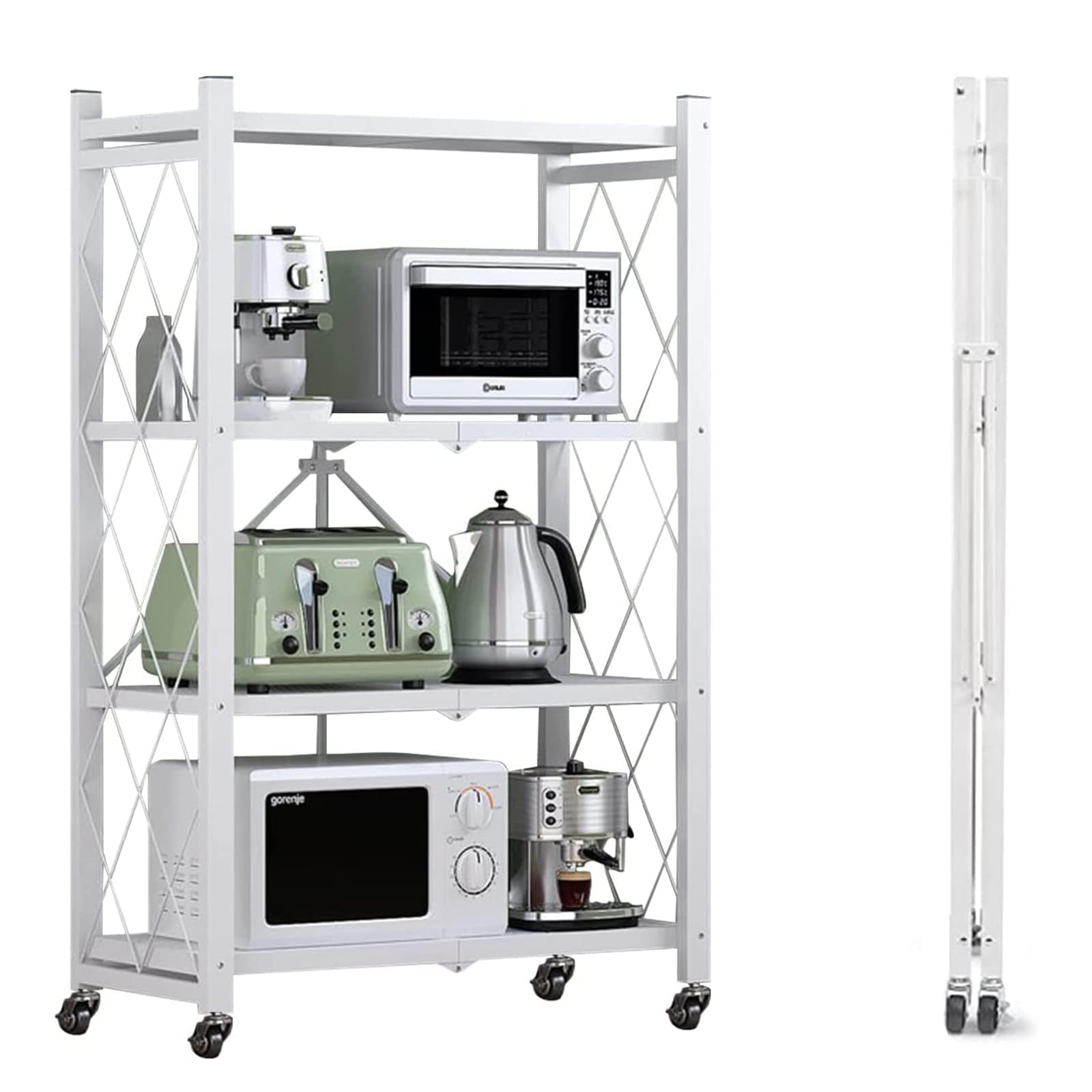 E-WIN 折りたたみラック 4段 【届いてすぐ使える！】【キャスター取付だけの簡単組立】本棚 キッチンラック ランドリー 省スペース 固定脚付属 スリムホワイト 白 X-4-WH【メーカー保証：1年